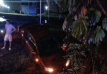 Un automóvil despistó por un espejo de agua y terminó en una canaleta